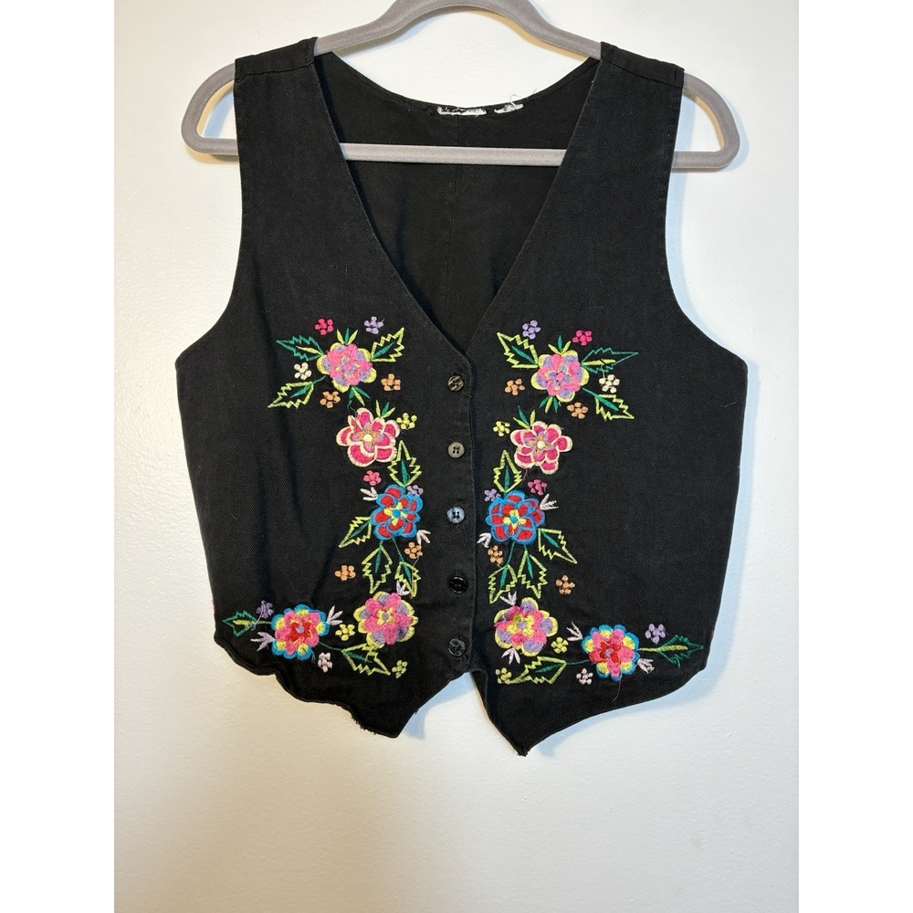Vintage Contempo casuals Embroidered Vest Women's M/L Black‎ Button Front Boho